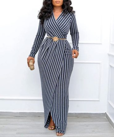 Gray Belted Stripe Wrap Dress - TORFEO