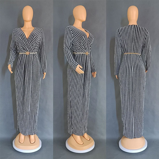 Gray Belted Stripe Wrap Dress - TORFEO