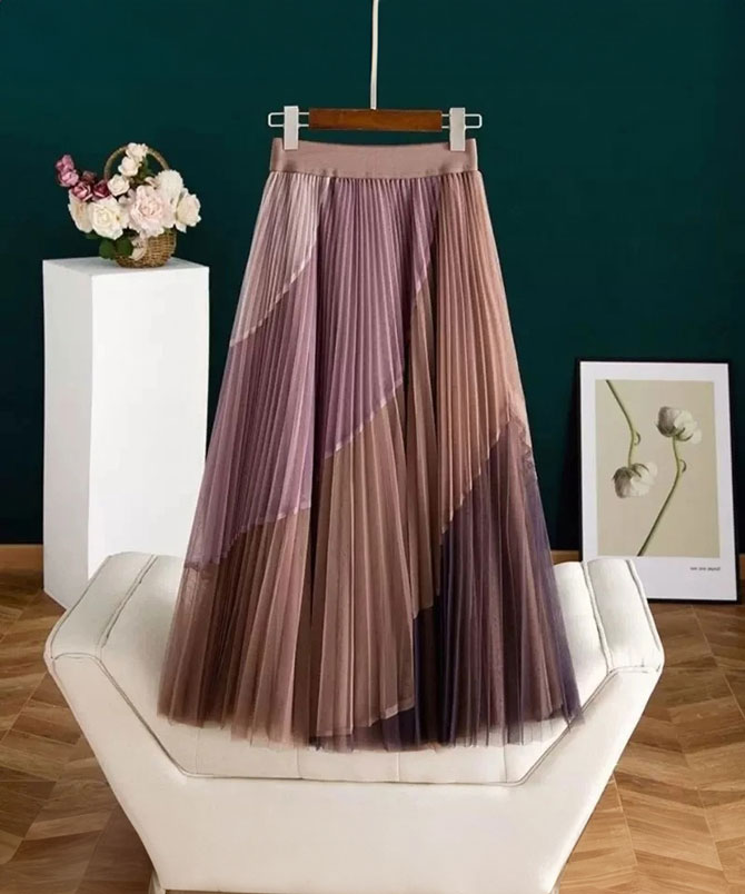 Brown Mesh Pleated Skirt - TORFEO