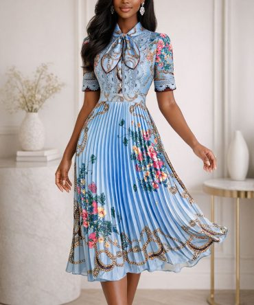 Floral Elegant Pleated Dress - TORFEO