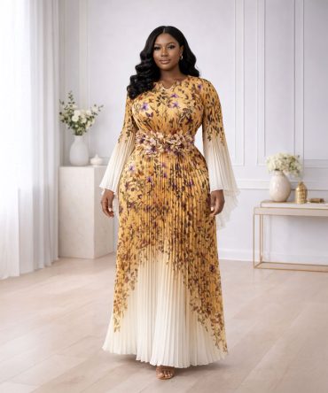 Mustard Petal Pleated Maxi Dress - TORFEO