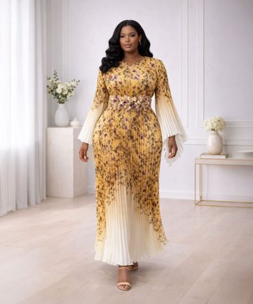 Mustard Petal Pleated Maxi Dress - TORFEO