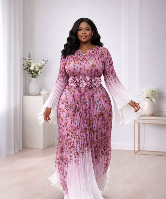 Pink Petal Pleated Maxi Dress - TORFEO