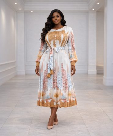 Caramel Pleated Print Midi Dress - TORFEO