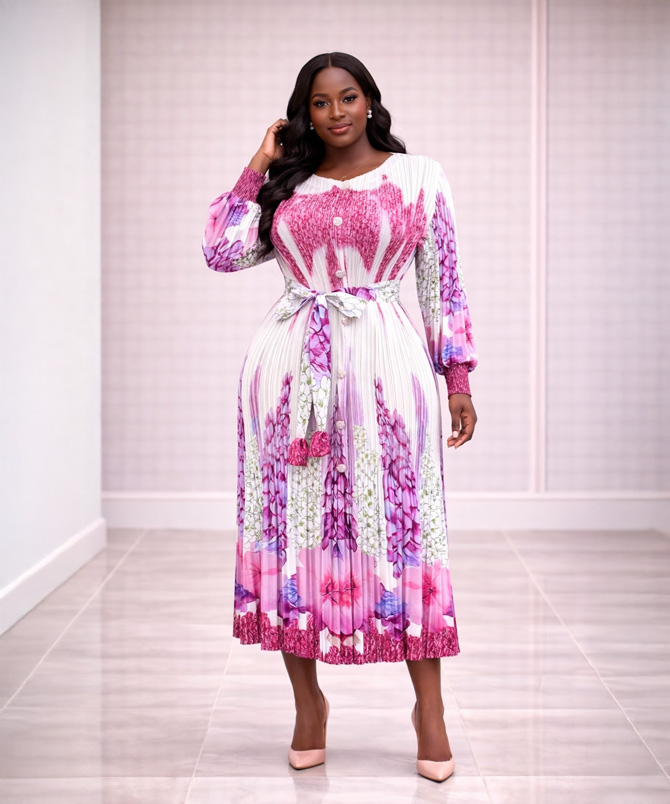 Rose Pink Pleated Print Midi Dress - TORFEO