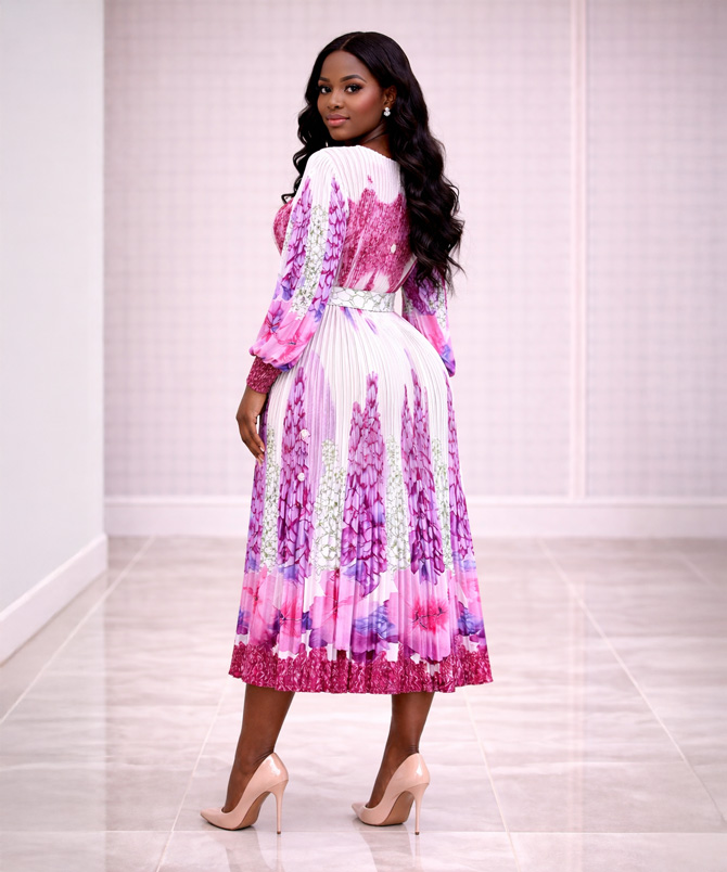 Rose Pink Pleated Print Midi Dress - TORFEO