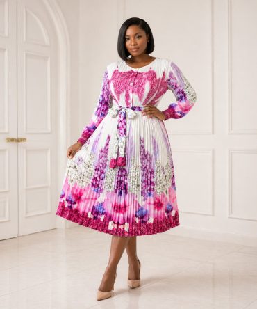 Rose Pink Pleated Print Midi Dress - TORFEO
