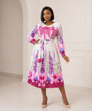 Rose Pink Pleated Print Midi Dress - TORFEO