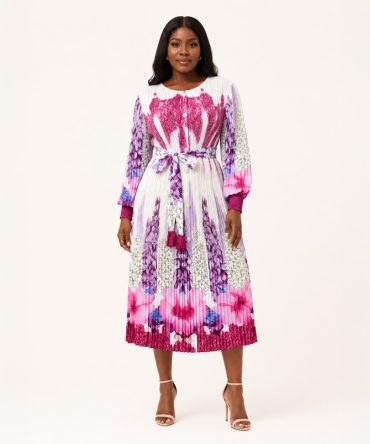 Rose Pink Pleated Print Midi Dress - TORFEO