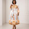 Khaki Pleated Print Midi Dress - TORFEO