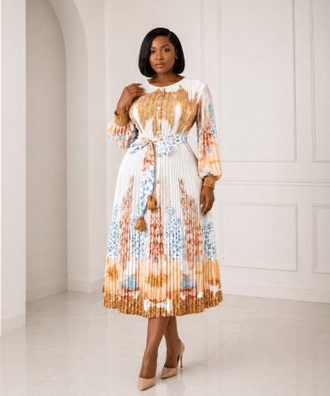 Khaki Pleated Print Midi Dress - TORFEO