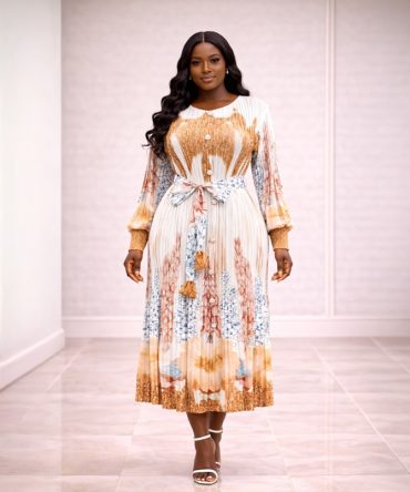 Caramel Pleated Print Midi Dress - TORFEO