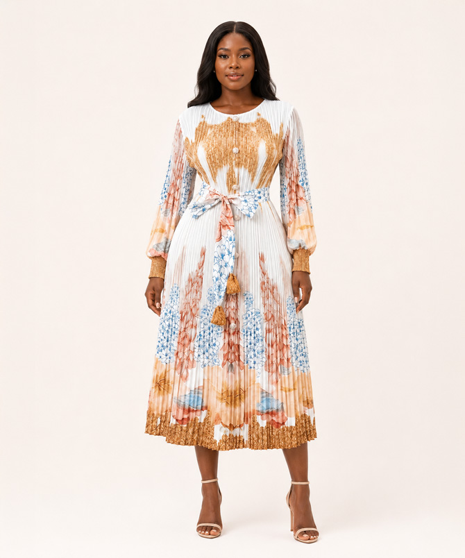 Khaki Pleated Print Midi Dress - TORFEO