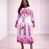 Rose Pink Pleated Print Midi Dress - TORFEO
