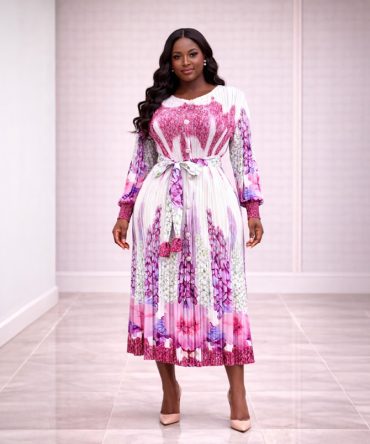 Rose Pink Pleated Print Midi Dress - TORFEO