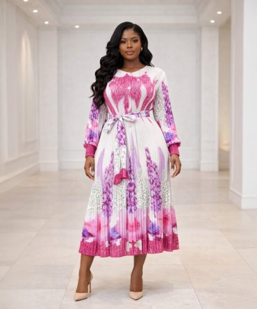 Rose Pink Pleated Print Midi Dress - TORFEO