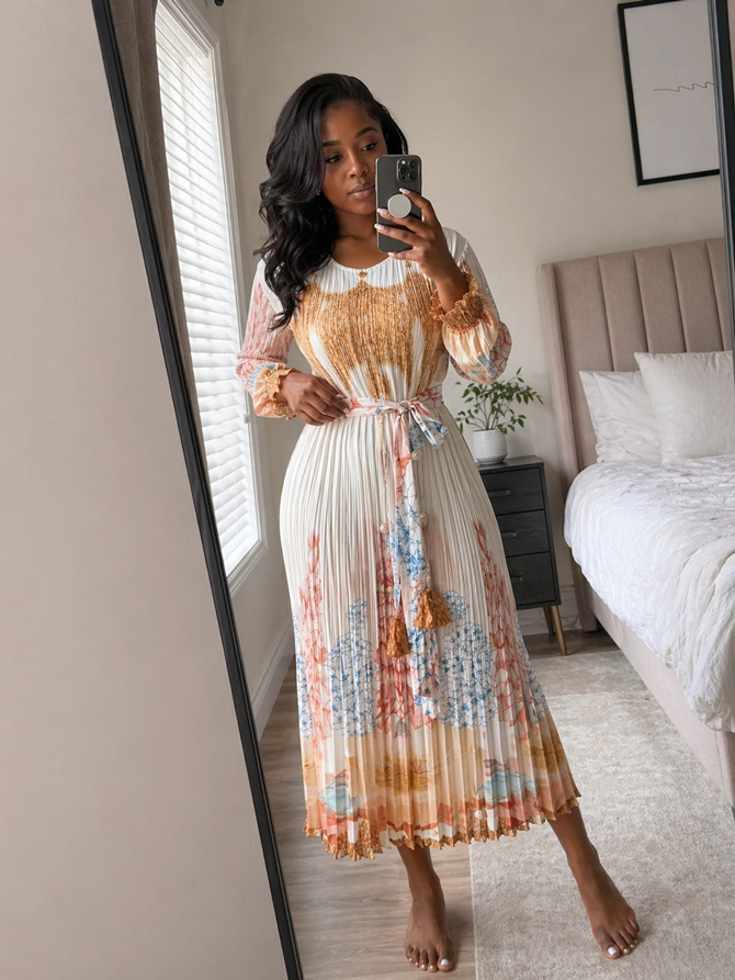 Customer wearing the Caramel Pleated Print Midi Dress from TORFEO