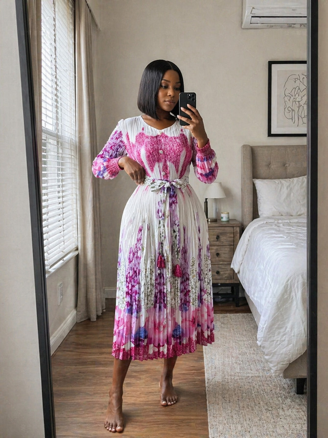Customer wearing the Pink Pleated Print Midi Dress from TORFEO