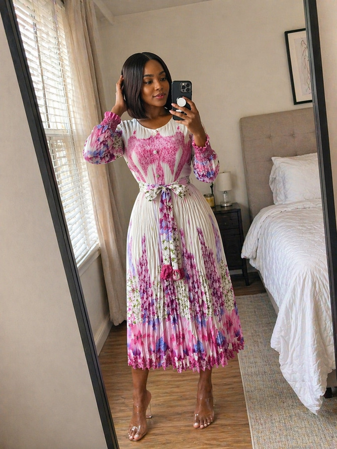 Customer wearing the Pink Pleated Print Midi Dress from TORFEO