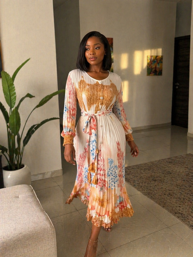 Customer wearing the Caramel Pleated Print Midi Dress from TORFEO
