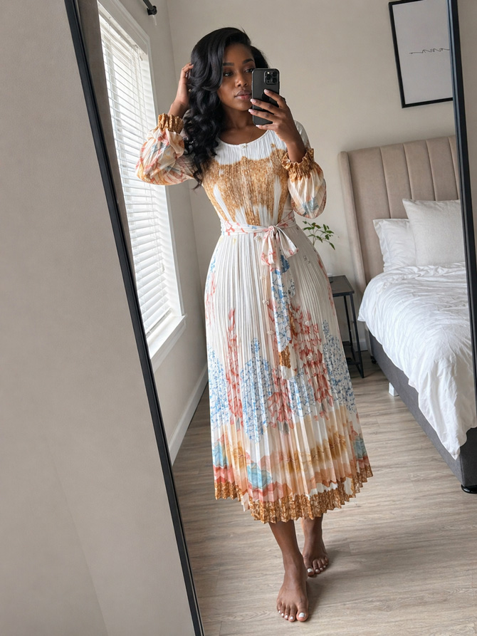 Customer wearing the Caramel Pleated Print Midi Dress from TORFEO