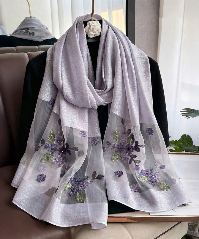 Grey Blossom Embellished Scarf - TORFEO
