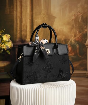 Black Butterfly Textured Handbag - TORFEO