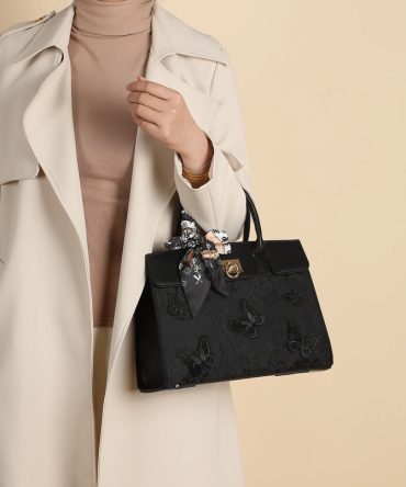 Black Butterfly Textured Handbag - TORFEO