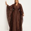 Amber two-piece brown lace dress set featuring a sleeveless pleated maxi inner dress, floral lace outer layer with fabric waist tie and flowing kimono silhouette - TORFEO