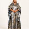 Aurora Royale shimmer brocade kaftan dress in Gold and Navy featuring a flowing maxi silhouette, structured shoulders, embellished neckline and hidden adjustable waist strap - TORFEO