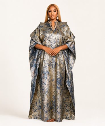 Aurora Royale shimmer brocade kaftan dress in Gold and Navy featuring a flowing maxi silhouette, structured shoulders, embellished neckline and hidden adjustable waist strap - TORFEO