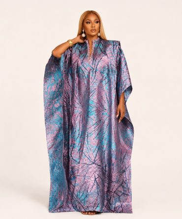 Aurora Royale shimmer brocade kaftan dress in Pink and Aqua featuring a flowing maxi silhouette, structured shoulders, embellished neckline and hidden adjustable waist strap - TORFEO