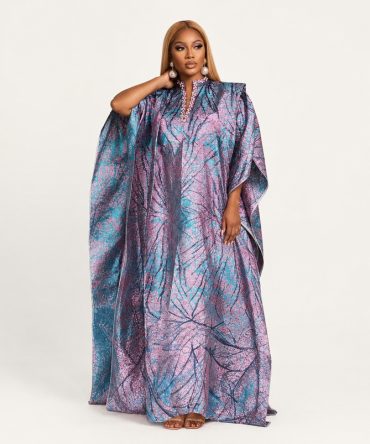 Aurora Royale shimmer brocade kaftan dress in Pink and Aqua featuring a flowing maxi silhouette, structured shoulders, embellished neckline and hidden adjustable waist strap - TORFEO