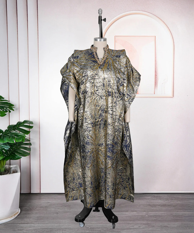 Aurora Royale shimmer brocade kaftan dress in Gold and Navy featuring a flowing maxi silhouette, structured shoulders, embellished neckline and hidden adjustable waist strap - TORFEO