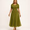 Aveline olive green pleated chiffon long midi dress with embellished V neckline, decorative beaded peplum waist and matching elastic belt - TORFEO