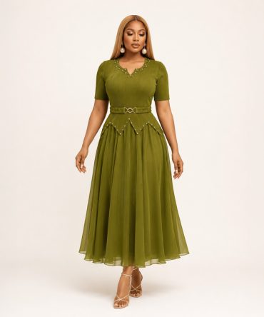 Aveline olive green pleated chiffon long midi dress with embellished V neckline, decorative beaded peplum waist and matching elastic belt - TORFEO