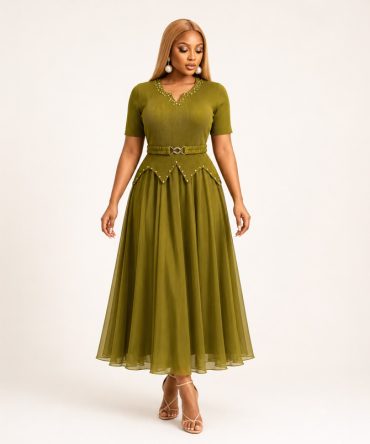 Aveline olive green pleated chiffon long midi dress with embellished V neckline, decorative beaded peplum waist and matching elastic belt - TORFEO