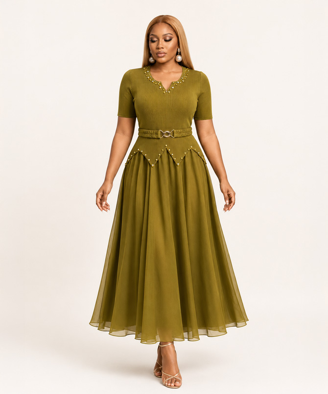 Aveline olive green pleated chiffon long midi dress with embellished V neckline, decorative beaded peplum waist and matching elastic belt - TORFEO