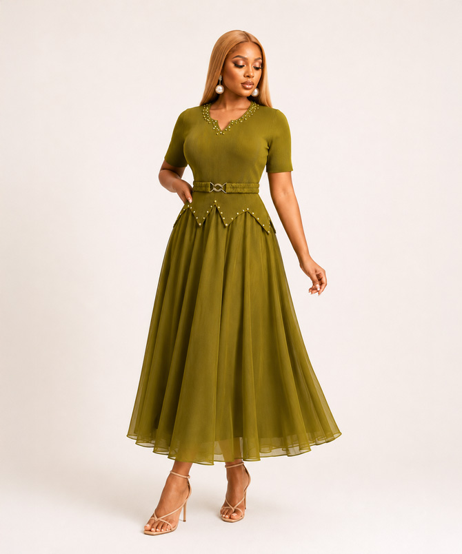 Aveline olive green pleated chiffon long midi dress with embellished V neckline, decorative beaded peplum waist and matching elastic belt - TORFEO