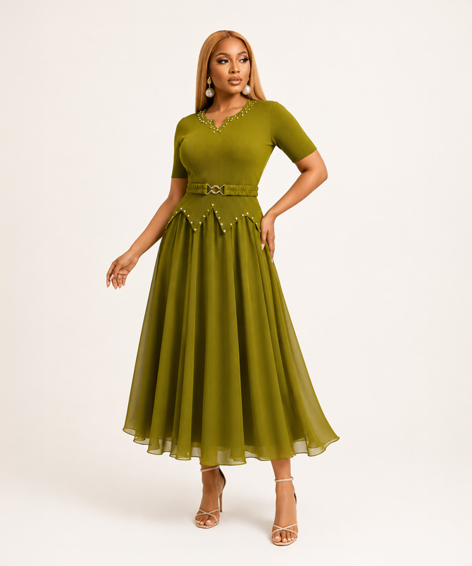 Aveline olive green pleated chiffon long midi dress with embellished V neckline, decorative beaded peplum waist and matching elastic belt - TORFEO