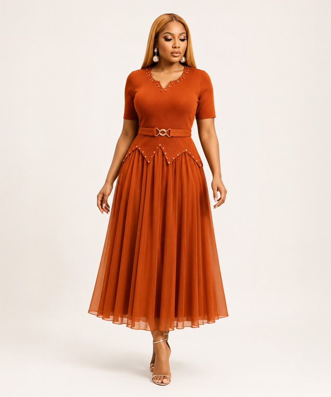 Aveline burnt orange pleated chiffon long midi dress with embellished V neckline, decorative beaded peplum waist and matching elastic belt - TORFEO
