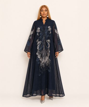 Celestia Embellished Navy Blue Maxi Dress featuring a flowing full-length silhouette with an elegant floral-inspired embellished design and long sleeves for women - TORFEO