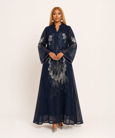 Celestia Embellished Navy Blue Maxi Dress featuring a flowing full-length silhouette with an elegant floral-inspired embellished design and long sleeves for women - TORFEO