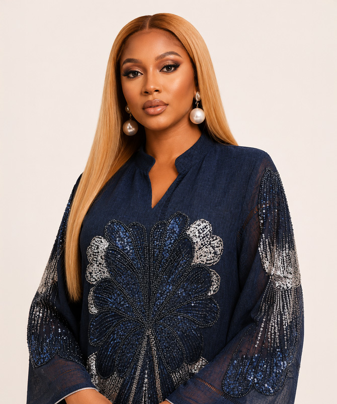 Celestia Embellished Navy Blue Maxi Dress featuring a flowing full-length silhouette with an elegant floral-inspired embellished design and long sleeves for women - TORFEO