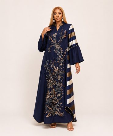 Imperia Luxe Embellished Navy Blue Maxi Dress featuring intricate floral embellishments, striped sleeve and back panels, flowing bell sleeves, and a graceful full-length silhouette for women - TORFEO