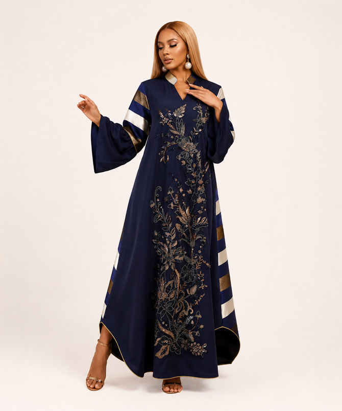 Imperia Luxe Embellished Navy Blue Maxi Dress featuring intricate floral embellishments, striped sleeve and back panels, flowing bell sleeves, and a graceful full-length silhouette for women - TORFEO