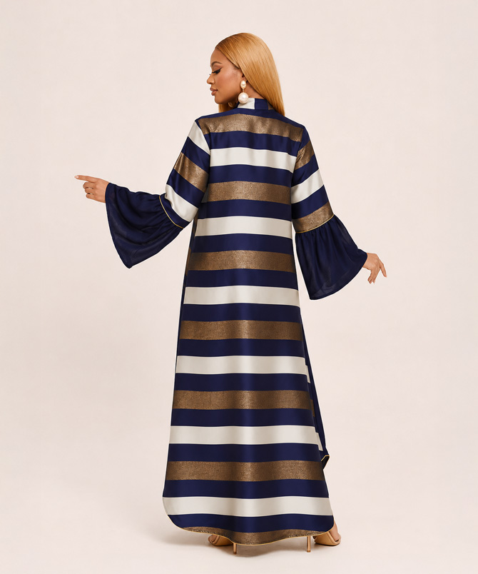 Imperia Luxe Embellished Navy Blue Maxi Dress featuring intricate floral embellishments, striped sleeve and back panels, flowing bell sleeves, and a graceful full-length silhouette for women - TORFEO