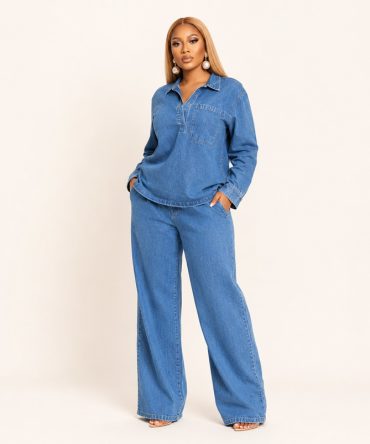 Monroe Denim Two Piece Set featuring a medium wash blue long sleeve collared denim top with wide leg trousers for women - TORFEO