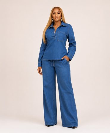 Monroe Denim Two Piece Set featuring a medium wash blue long sleeve collared denim top with wide leg trousers for women - TORFEO
