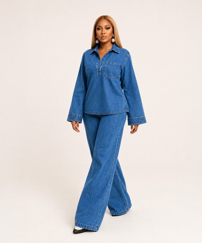 Monroe Denim Two Piece Set featuring a medium wash blue long sleeve collared denim top with wide leg trousers for women - TORFEO